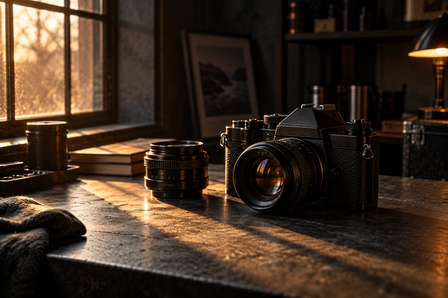 A camera and lens in dramatic amber studio light