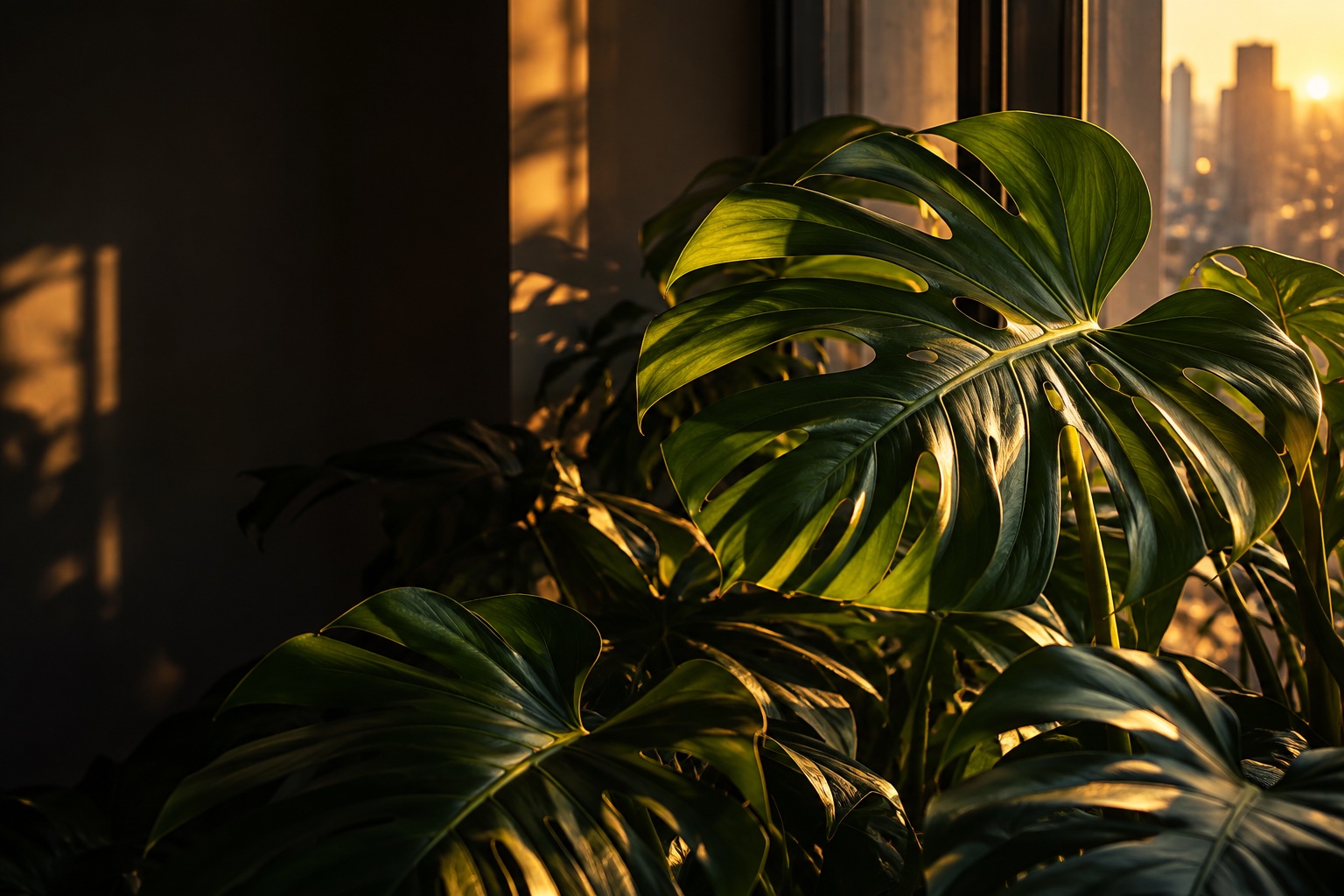Warm window light falling on monstera leaves